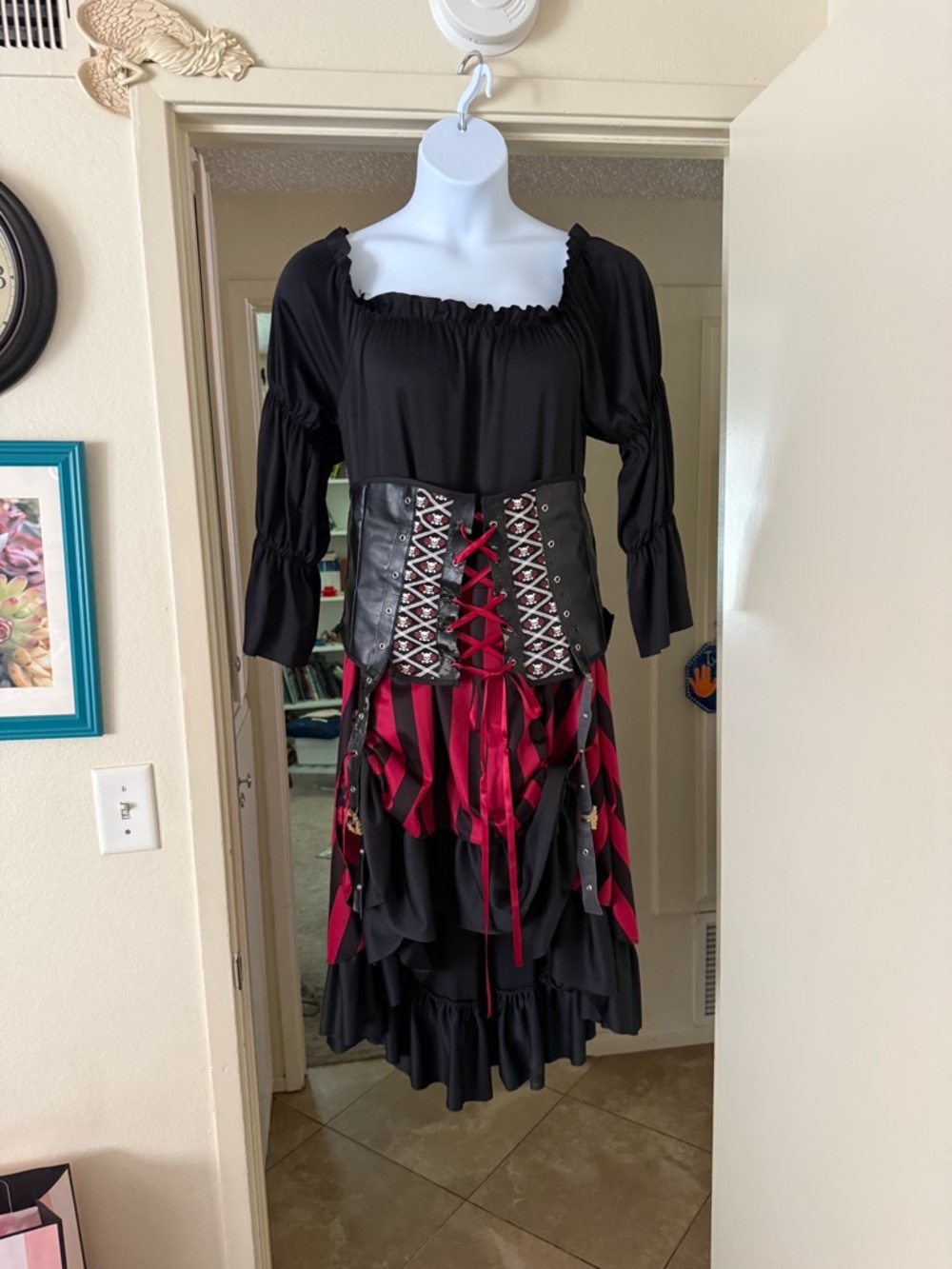 Black and Red Pirate-Inspired Peasant Dress with Lace-Up Waist Corset